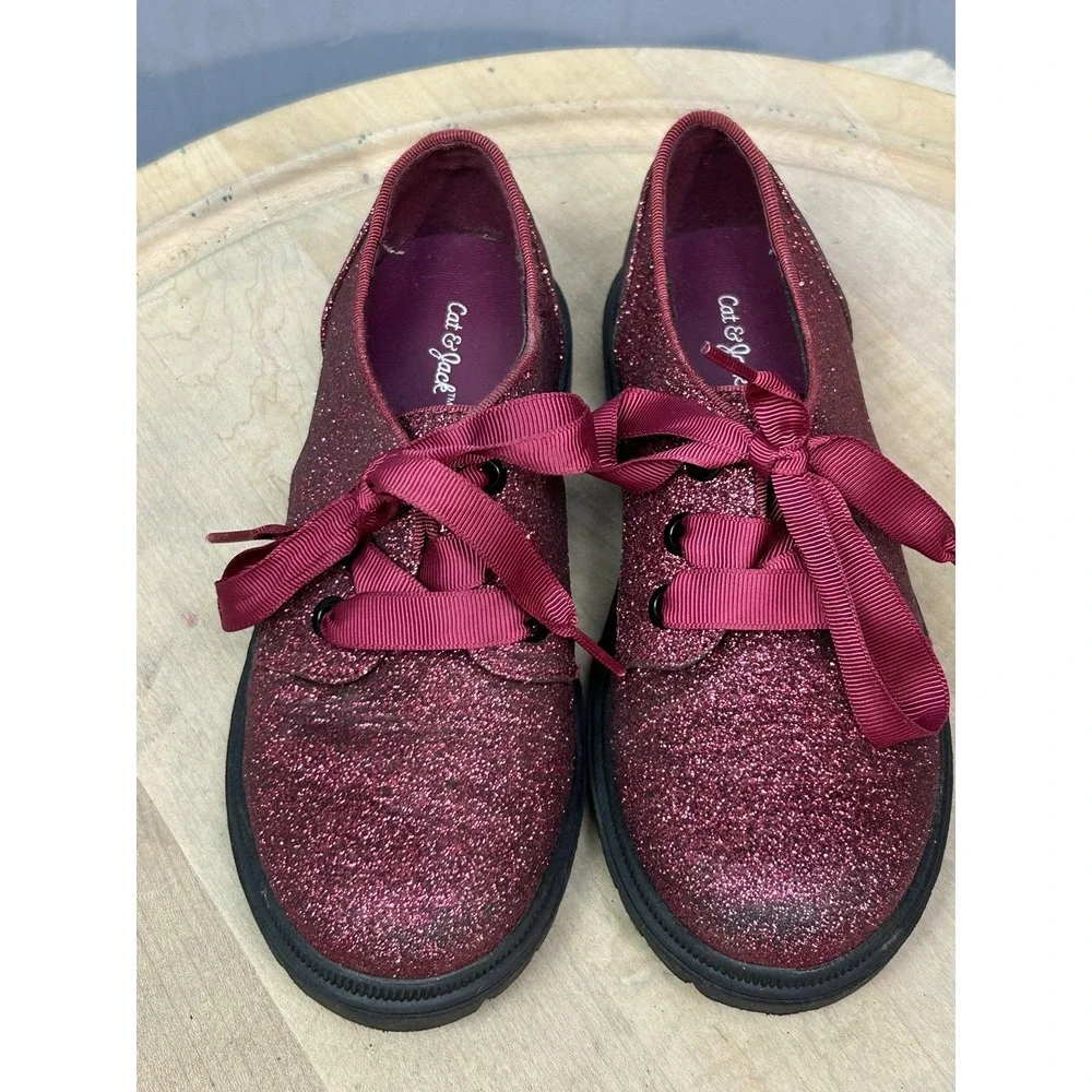 Cat & Jack‎ Shoes Girls Size 12 Burgundy Glitter Oxford Dress Ribbon Lace Up